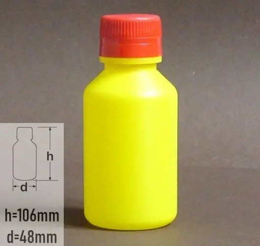 Sticla plastic 100ml culoare galben cu capac standard cu autosigilare rosu